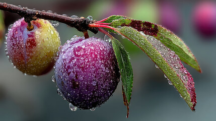 Dew-kissed plums on a branch, vibrant colors, close-up
