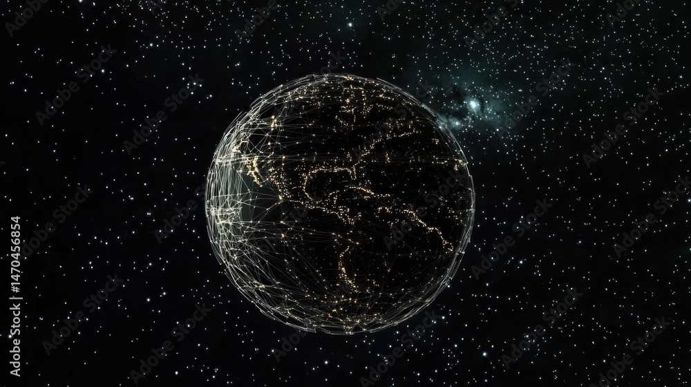Poster an image of the globe seen from outer space, illuminated by network lines and nodes that depict conc