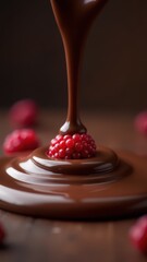 Rich chocolate cascades over a fresh raspberry creating a decadent, mouth-watering dessert display against a wooden table backdrop