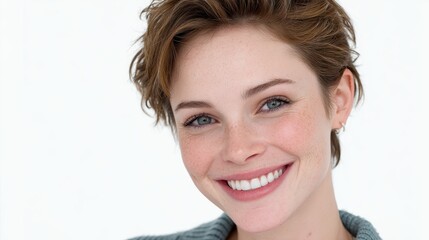 Naklejka premium Studio photo of a smiling woman with short hairstyle isolated on white background