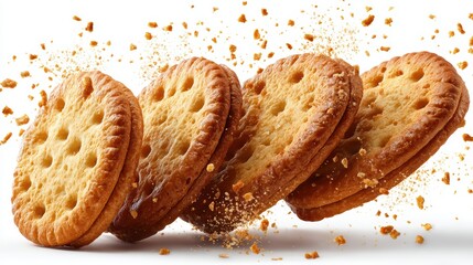 Flying crackers biscuits isolated on white background