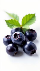 Fototapeta premium Fresh ripe blueberries with green leaves are arranged on a clean white background, showcasing their natural dark blue color and juicy texture
