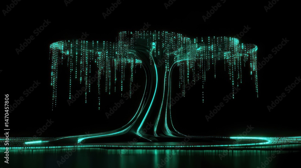 Poster a glowing digital tree illuminated against a dark black background