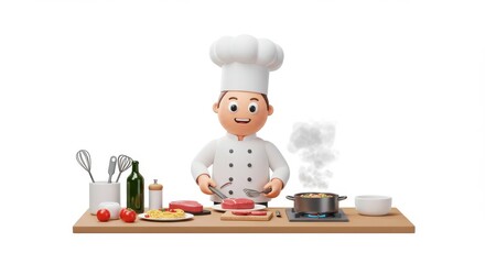 3D Cartoon Chef Cooking Delicious Meal - A cheerful cartoon chef prepares a delectable meal, symbolizing culinary expertise, delicious food, cooking passion, kitchen artistry, and happy dining