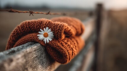 Obraz premium Knit Gloves and Daisy on Wooden Fence with Barbed Wire