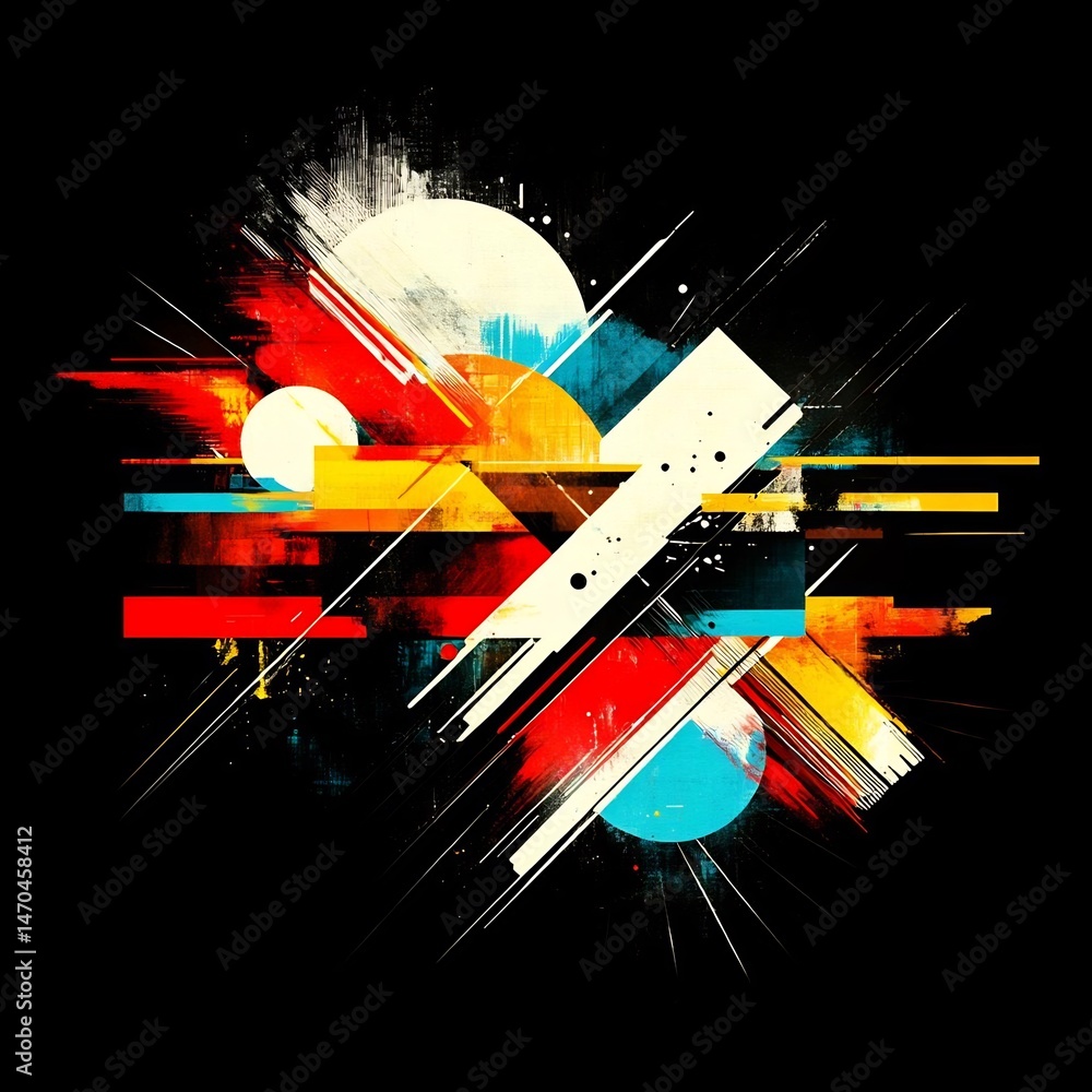 Poster dynamic abstract composition merging geometric forms and vibrant hues on a dark field
