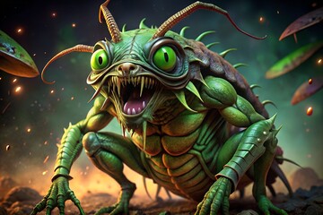 Obraz premium A fantastical, cartoonish creature resembling a large grasshopper or insect, featuring vibrant green skin, large bulging eyes, and many spindly legs. It has an expressive face with sharp teeth, set ag