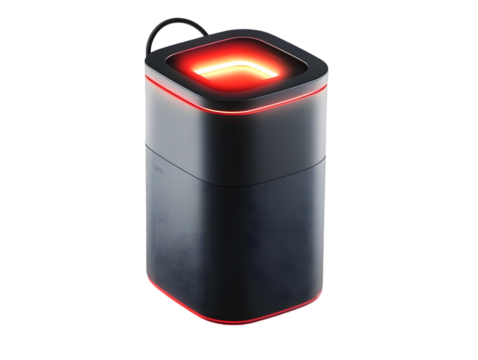 Sleek, dark-grey rectangular device with glowing red top and sides.  Compact design, possibly electronic