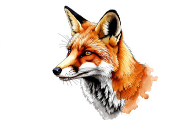 Fototapeta premium watercolor and ink illustration depicting the head and shoulders of a red fox looking alertly to the side, rendered in a realistic style on a clean white background with an artist's red seal. Wildlife