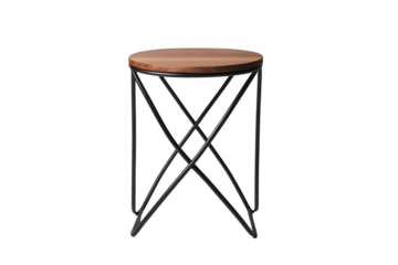 Modern minimalist stool with a round wooden top and geometric metal base