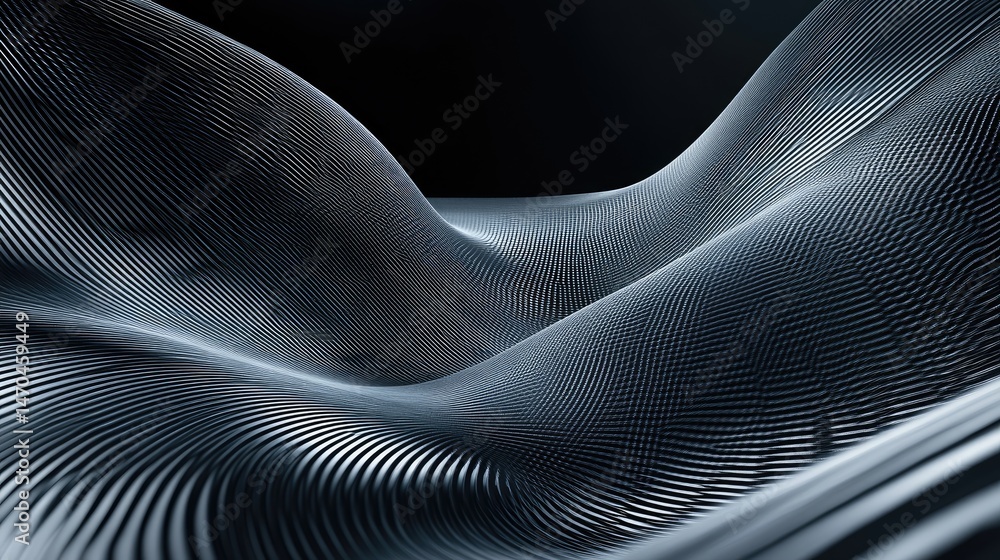 Poster abstract metallic form undulating in dark background.