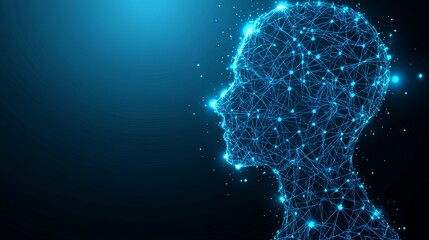 A low-poly blue cyborg's silhouette merges with circuit wires.  Its face, a network of dots, lines, and triangles, represents a digital human.  An AI concept; artificial intelligence background.
 