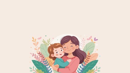 Mother Holding Child Lovingly Surrounded By Floral Elements Illustration