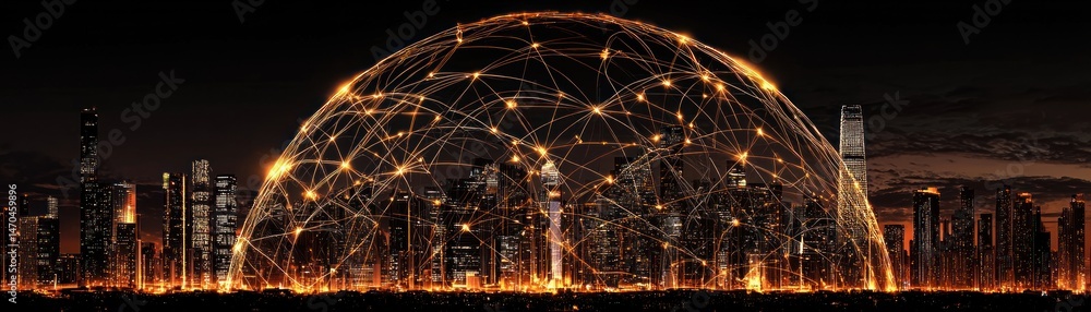 Poster an illuminated city skyline is covered by a network sphere