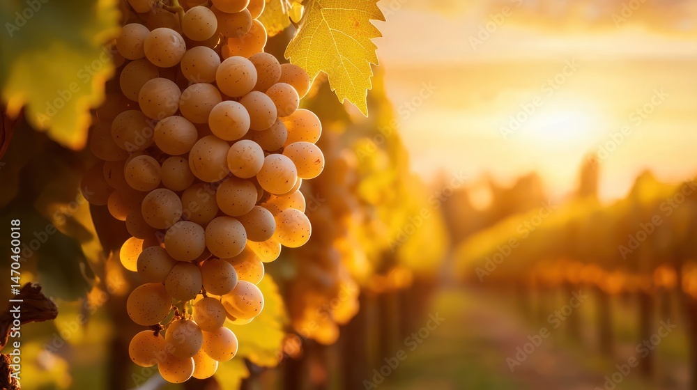 Poster a close up of grapes with a beautiful sunset background