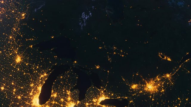 Planet Earth at Night. Canada Night Map Zoom Out. View from Space Orbit. Globe
