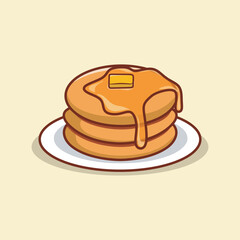 Pancakes with maple syrup and piece of butter. Cute drawn vector illustration.