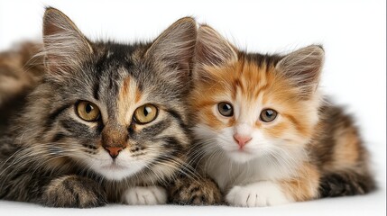 Cat and kitten sitting together, isolated on background