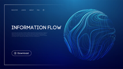 Information flow technology with abstract glowing sphere, futuristic blue background, digital data transmission, network connectivity, and modern UI design for innovation and communication systems