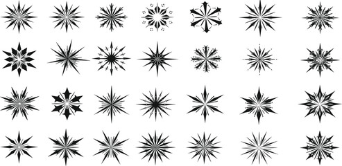 Collection of different vector sparkling stars icon, decorative twinkle and bursts forms, abstract shining flash symbols, glowing light effect, y2k style basic