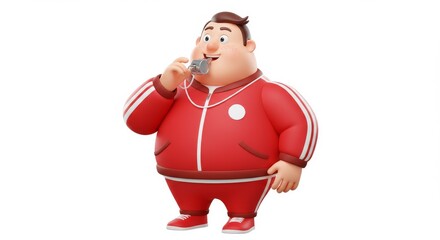 Obraz premium 3D Cartoon Cheerful Coach Blowing Whistle Cartoon - A jovial cartoon coach, in red sportswear, blows a whistle. Symbolizing: encouragement, leadership, training, fitness, and competition