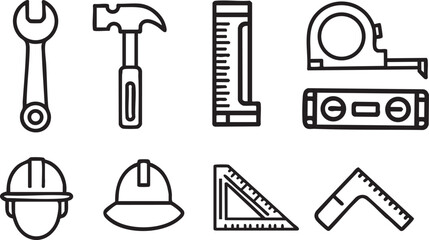 A set of vector icons of construction engineering tools, Wrench, Hammer, Ruler, Tape Measure & More, icons have editable stroke and 48x48 pixel perfect