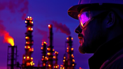An engineer in protective gear looking towards the industrial plant