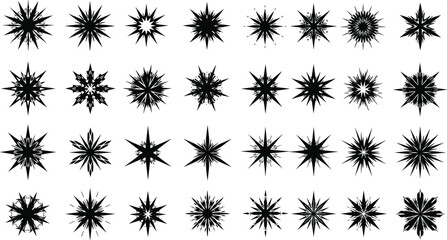 Fototapeta premium Collection of different vector sparkling stars icon, decorative twinkle and bursts forms, abstract shining flash symbols, glowing light effect, y2k style basic