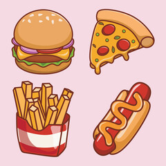 Cute fast food icons - pizza, French fries, hot dog and hamburger
