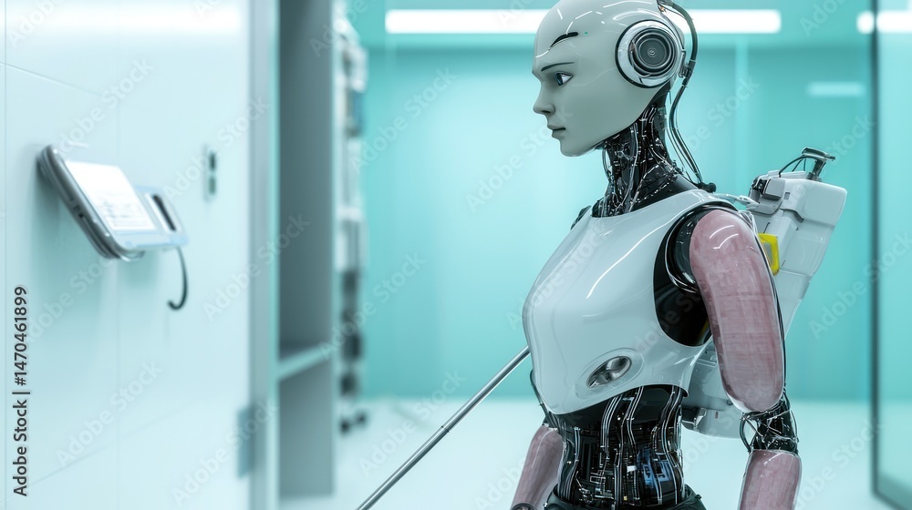 Poster a realistic robot looking at a wall mounted electronic device