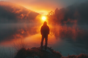 Obraz premium Solo backpacker admiring sunrise over a tranquil mountain lake. Perfect for themes of adventure, solitude, and nature exploration in stunning wilderness settings
