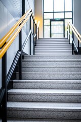 Modern stairway with bright, spacious hallway beyond