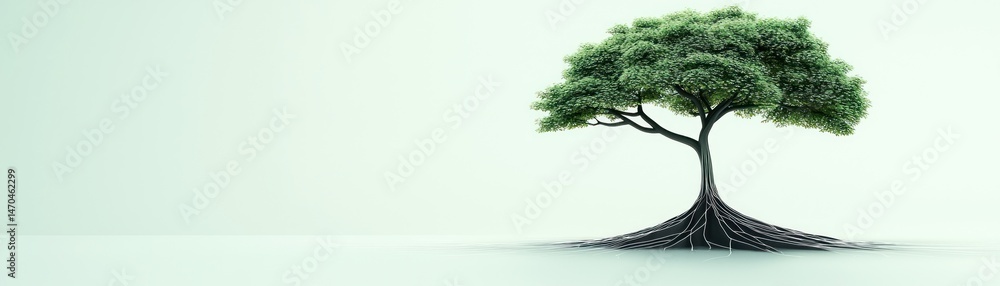 Poster isolated tree with lush green foliage and visible spreading roots