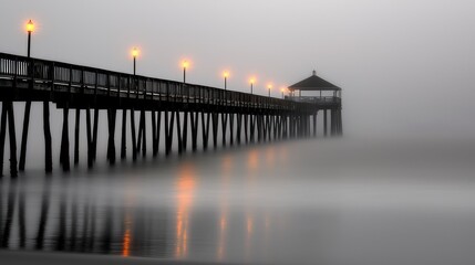 A wooden pier extends into the foggy sea under warm streetlights
