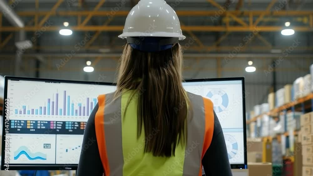Aufkleber A warehouse employee monitors data on a dual-screen computer. She wears a safety vest and helmet in a warehouse full of racks. This highlights the integration of technology and safety in logistics.