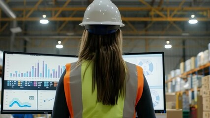 A warehouse employee monitors data on a dual-screen computer. She wears a safety vest and helmet in a warehouse full of racks. This highlights the integration of technology and safety in logistics. - Powered by Adobe