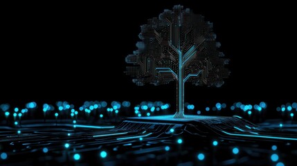 A digital electronic circuit tree illuminated with glowing blue lights