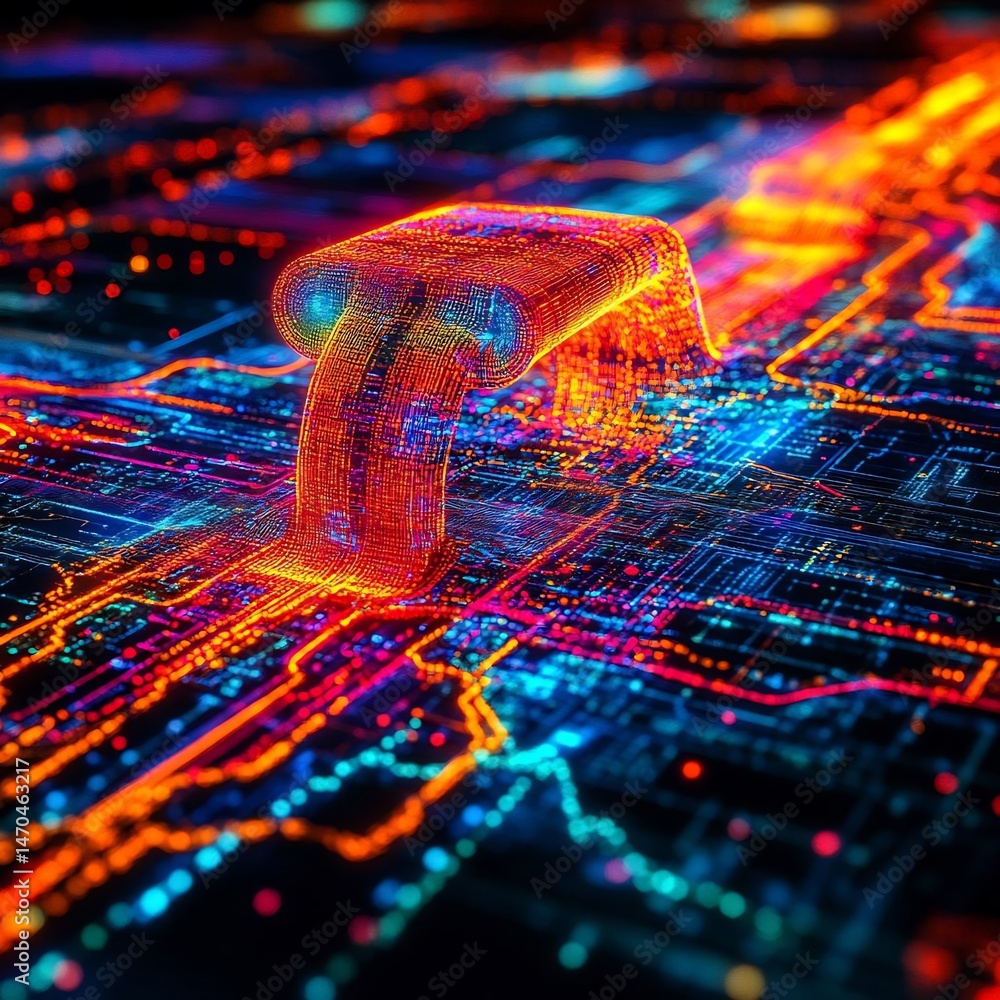 Poster interconnected circuit board with a 3d glowing element abstract illustration