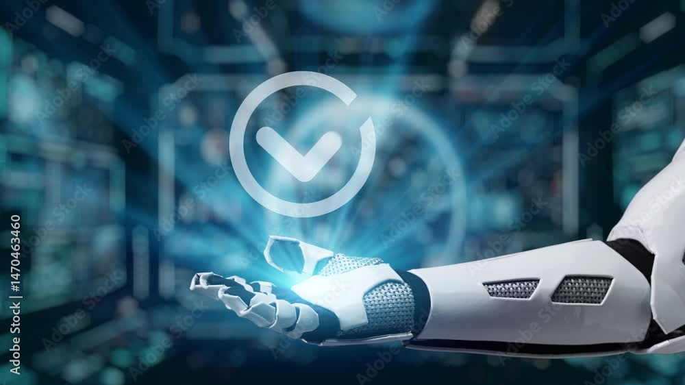 Poster this video features a futuristic robot hand showcasing a glowing holographic checkmark, symbolizing 
