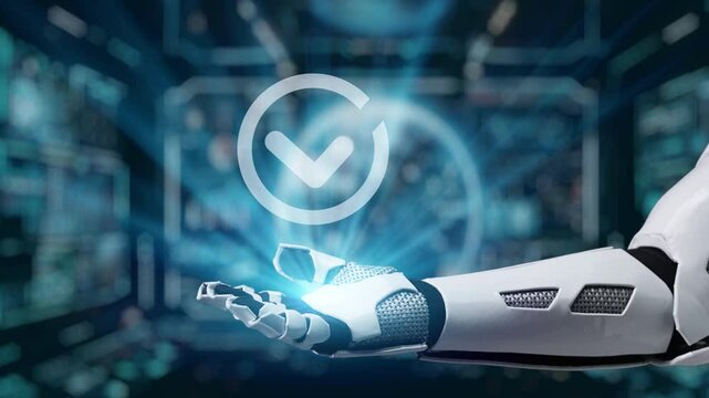 This video features a futuristic robot hand showcasing a glowing holographic checkmark, symbolizing validation and approval in a high-tech digital environment. Auvana