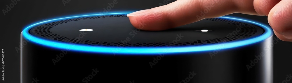 Poster a human finger touching a smart speaker button surface