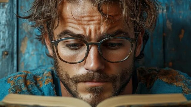 Lost in the Pages: A man with a captivating gaze engrossed in the world of a book, captured in a moment of complete absorption, his furrowed brow suggesting deep thought and the passage of time.  