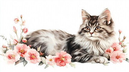 Cat with Pink Flowers Hand Drawn Illustration