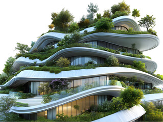 A futuristic, eco-friendly building design featuring flowing curves, abundant greenery, and multiple levels