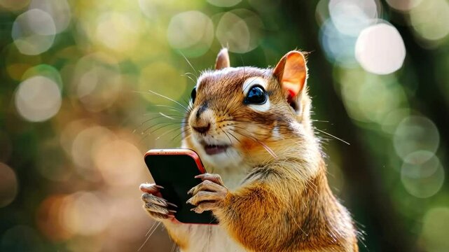 Squirrel holding a smartphone with a surprised expression
