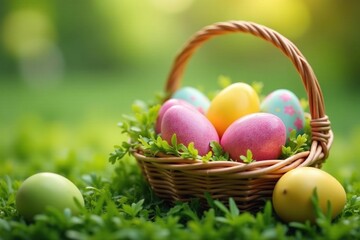 Naklejka premium Vibrant colorful Easter eggs in a basket, ready for a hunt , colorful, basket, celebration