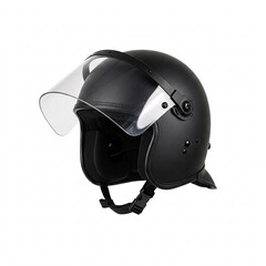 Fototapeta premium Black matte riot helmet with clear face shield falling, isolated on white background.