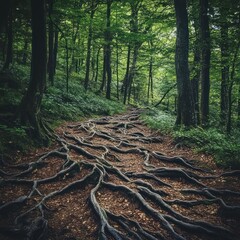 Lush forest path with exposed tree roots