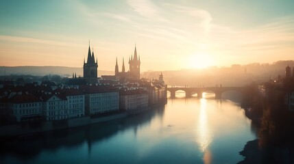 Beautiful city sunset with birds and glowing skyline high resolution picture