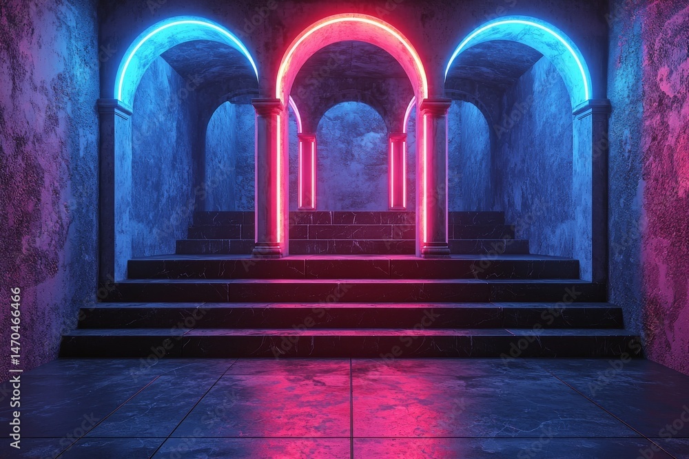 Poster the scene depicts a 3d render of a music performance stage with an abstract neon background, complet